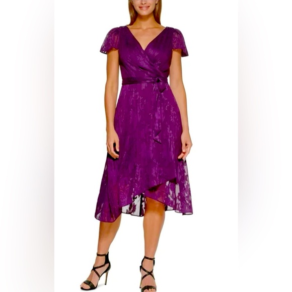 NWT DKNY Flutter Sleeve Floral Burnout Faux Wrap A-line High/Low Dress in Plum - Picture 1 of 10